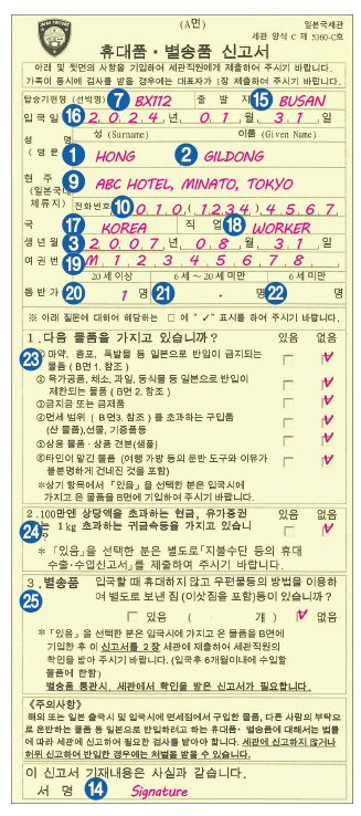 Japanese customs declaration sample