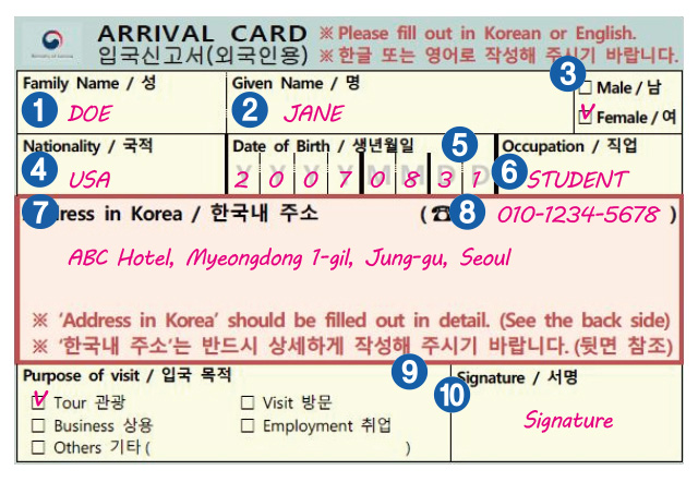  Sample of Korea Immigration Declaration Form