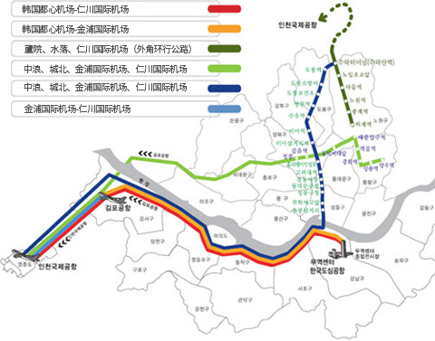 韩国城市机场-仁川机场、韩国城市机场-金浦机场、芦原、素叻-仁川机场（使用外环线）、中浪、城北-金浦机场、仁川机场、道峰、城东-金浦机场、仁川机场、金浦机场- 仁川国际机场
