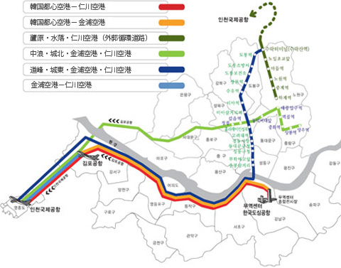 韓国都心空港-仁川空港、韓国都心空港-金浦空港、ノウォン、スラク-仁川空港(外郭循環道路利用)、中浪、城北-金浦空港、仁川空港、道鳳、城東-金浦空港、仁川空港、金浦空港-仁川空港