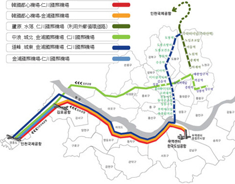 韓國城市機場-仁川機場、韓國城市機場-金浦機場、蘆原、素叻-仁川機場（使用外環線）、中浪、城北-金浦機場、仁川機場、道峰、城東-金浦機場、仁川機場、金浦機場- 仁川國際機場