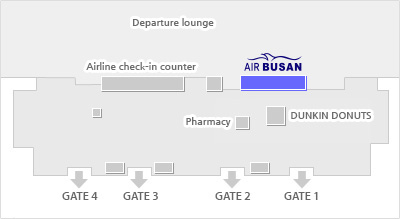 Entering through GATE1 or GATE2, the pharmacy is located behind Dunkin Donuts